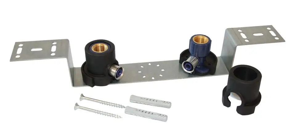 Montageset von Wavin mit Metall- und Kunststoffteilen zur Befestigung, inklusive Schrauben und Dübel. Ideal für die Installation von Badezimmer- und Duschanlagen.